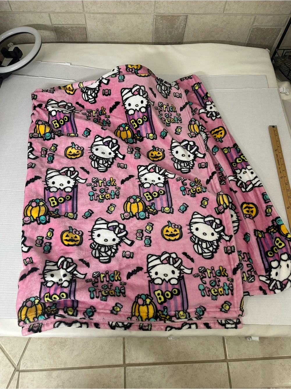 Hello Kitty Pink Halloween Throw Blanket - Trick or Treat Design